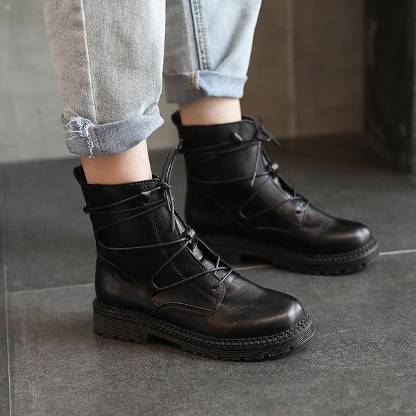 

boots winter leather ankle women's female ladies shoes woman lace up punk plus warm casual riding botas mujer size, Black