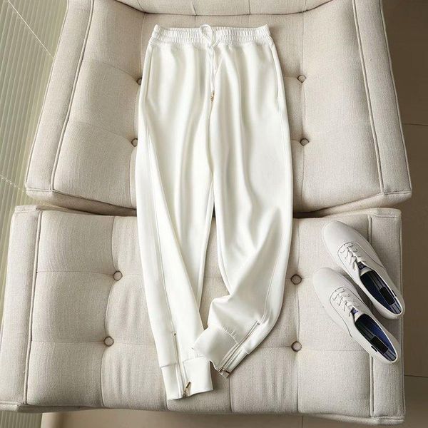 

fashion white pants for women thick cargo high waist zip pants loose trousers joggers female drawstring sweatpants streetwear, Black;white