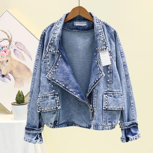 Casacos femininos 2022 Primavera Outono Denim para Mulheres Pérola Beading Casual Jeans Jaqueta Manga Longa Solta Casaco Vintage Overcoat P621