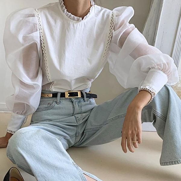 

women's blouses & shirts blouse autumn 2021 korean fashion solid color puff sleeve round neck temperament casual retro women's, White