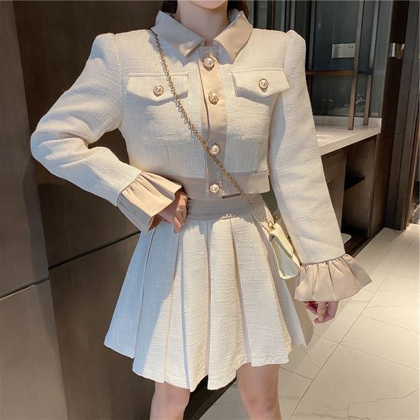 

two piece dress pair of women's two pieces wool + mini skirt plied, autumn clothes for women, short jacket and pleated set 2pmr, White