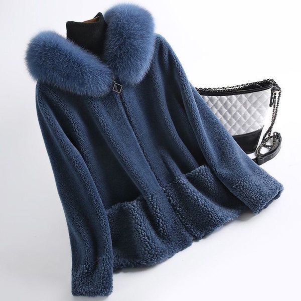 

2021 new women winter natural fox collar hooded lamb coats real wool fur overcoat female sheep shearing jacket invierno k363kck3, Black