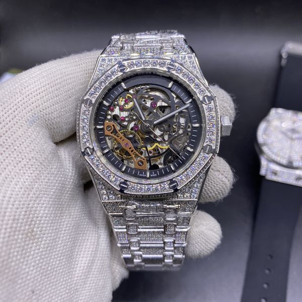 

full diamond hip hop wristwatch ice diamonds watches hollow fashion watch silver stainless steel case 42mm automatic watche, Slivery;brown