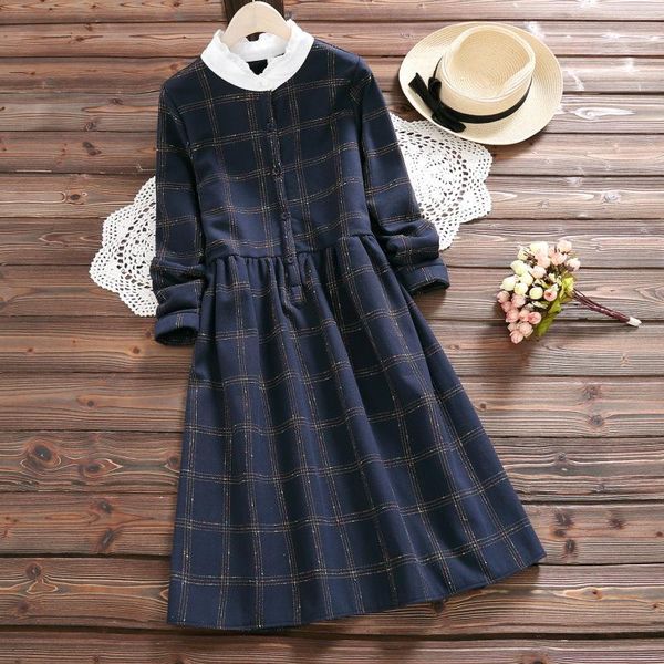 

casual dresses 2021 winter mori girl plush lined cotton linen plaid navy blue loose dress plus size -2xl, Black;gray