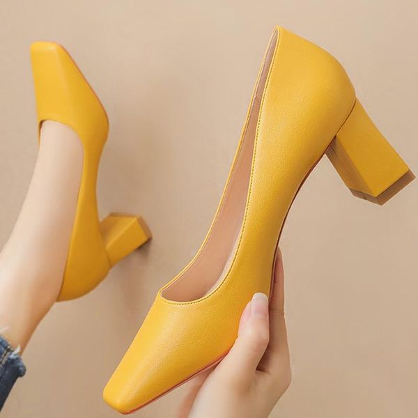 

dress shoes 2021 fashion women 6cm high heels square toe low block pumps lady yellow leather party chunky fetish, Black