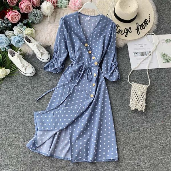 

casual dresses elegant vintage polka dot for women 2021 v neck ruched half sleeve button lace up summer fall midi wrap dress, Black;gray