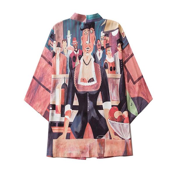

men's casual shirts japanese style print summer for men kimono cardigan loose open front 3/4 sleeve cover up blouse, White;black