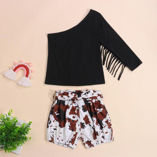 

clothing sets 2 pieces kids suit set, girls solid color sloping shoulder long sleeve + floral print pants for toddler 2021 summer, White