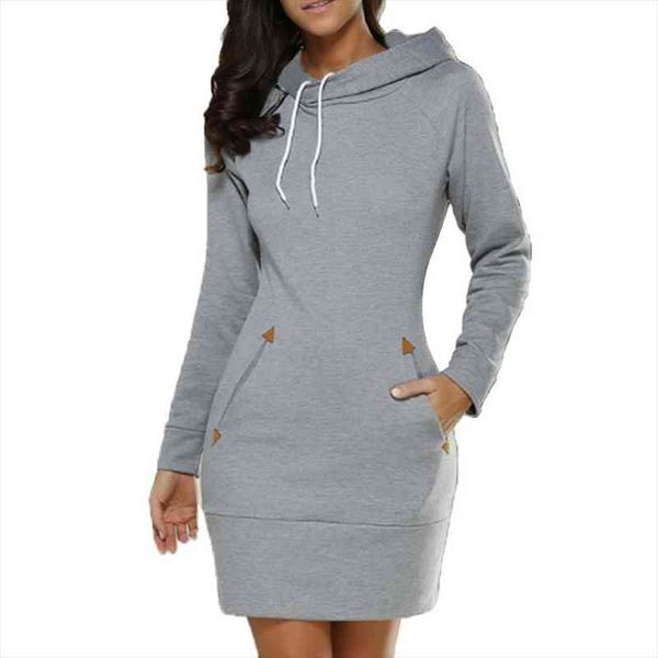 

autumn hoodie casual long sleeve women dresses plus size drawstring sweatshirt warm pocket fashion party lady clothing, Black;gray