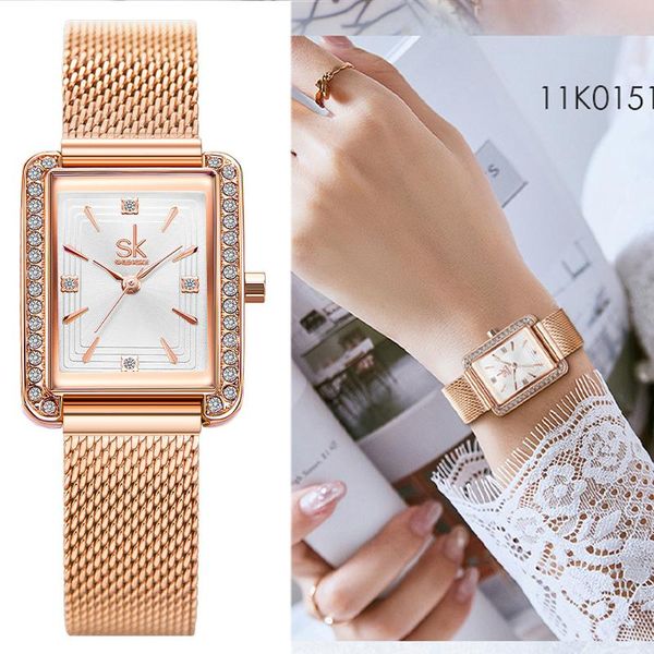 

wristwatches rose gold women watch square quartz wristwatch diamond elegant dress bracelet watches steel mesh band clock zegarek damski, Slivery;brown