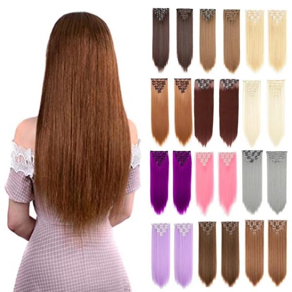 

synthetic wigs 7pcs/set 22inch 16 clips long straight hair in high temperature fiber black brown hairpiece