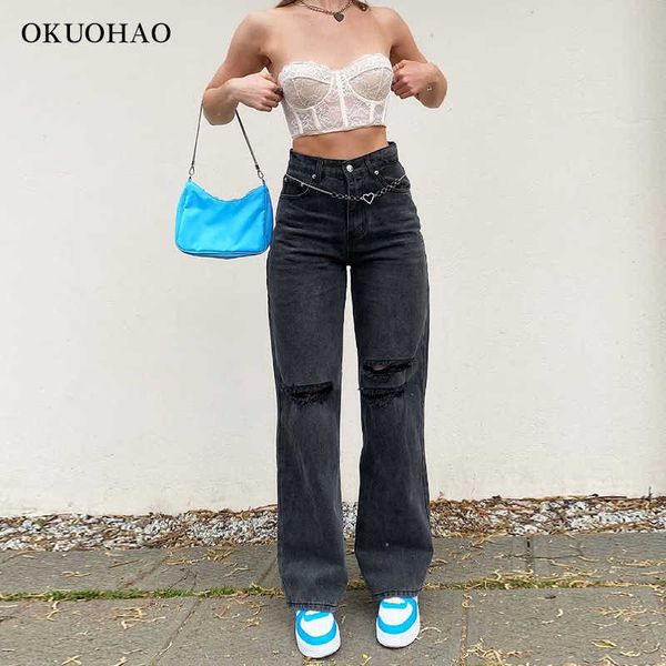 

black ripped straight leg jeans for women fashion tassel loose y2k streetwear baggy jean pants mom casual wash vintage trousers 210927, Blue