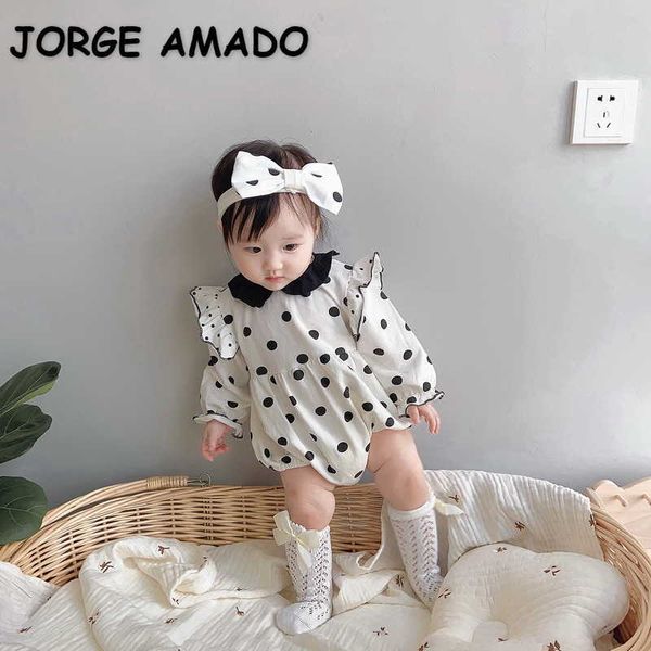 

spring korean style baby girl bodysuit black white dot peter pan collar with headwear jumpsuit cute kids clothes e158 210610, Blue