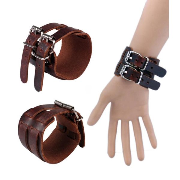 

charm bracelets wide leather double buckle men women bracelet punk belt cow wristband cuff individuality fashion bangle, Golden;silver