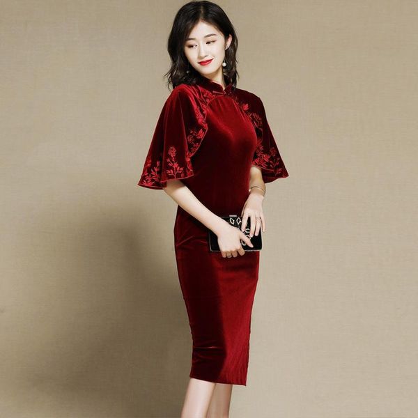

ethnic clothing velvet chinese year cheongsam modern party qipao prom dress, Red