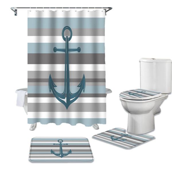 

shower curtains white grey stripes anchor waterproof bathroom curtain toilet cover mat non-slip rug set for bathtub decor