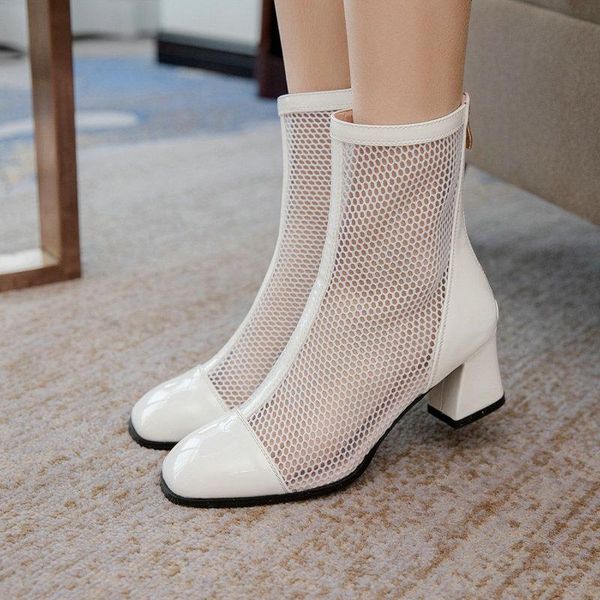 

boots 2021 summer women knee high heel pu leather mesh square zipper women's shoes back ladies, Black