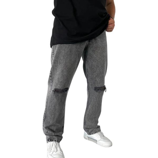 

men's jeans men clothing casual straight denim pants fashion solid color mid-waist ripped with pockets, Blue