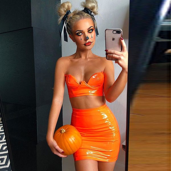 

bkld pu leather matching sets zipper two pieces bandeau crop +high waist mini skirt sets 2021 fashion neon club outfits t200520, White