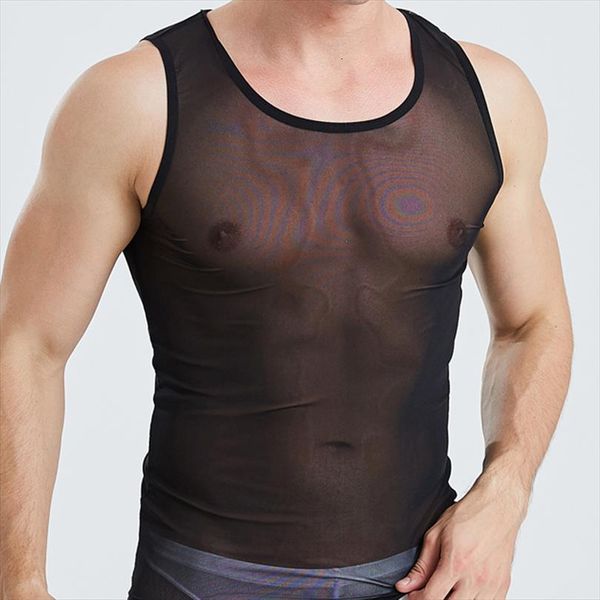 

men tank transparent mesh sleepwear see through nightwear sleeveless tees underwear male black white vest, White;black