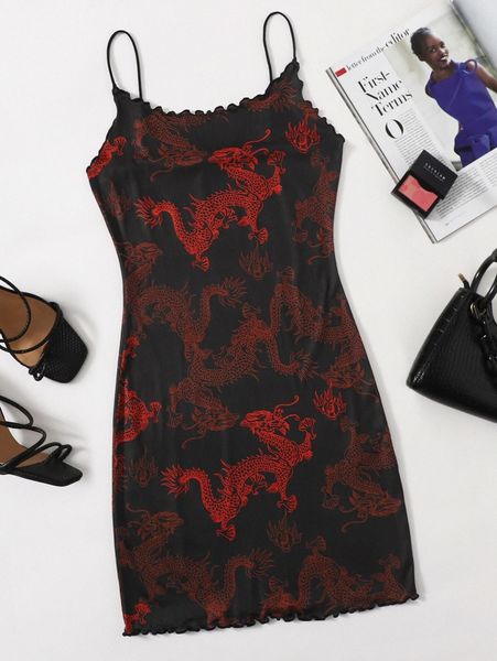 

lettuce trim chinese dragon print dress c6up#, Black;gray