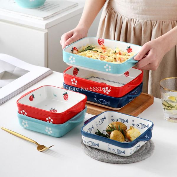 

dishes & plates creative strawberry binaural ceramic home cute baking pan rectangular plate