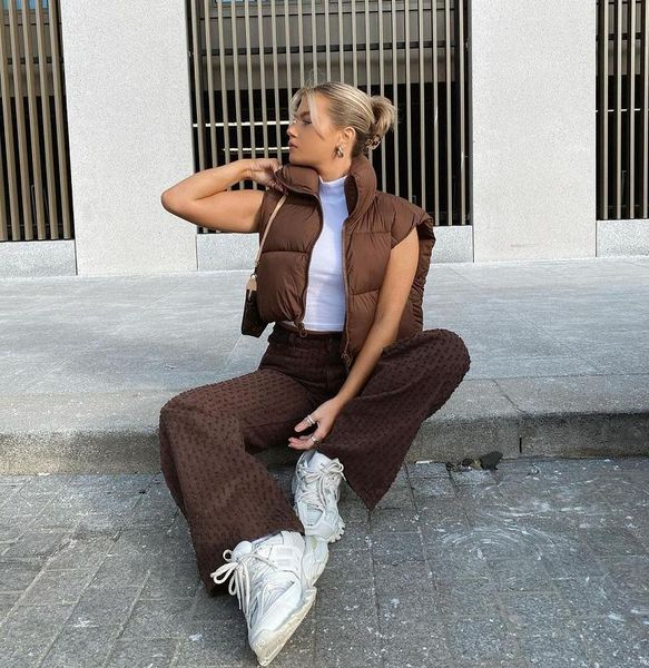 

women's vests 2021 women fashion brown cropped vest coat female stand collar zipper waistcoat ladies casual outerwear, Black;white