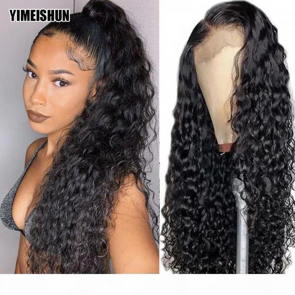 

yimeishun water wave wig human hair 13x4 curly human hair wig malaysian lace front for black women180 density remy, Black;brown