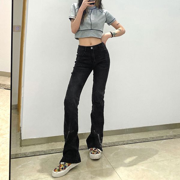 

streetwear chic chian slit hem denim pants for women gothic black low waist skinny jeans pants harajuku 90s trouser, Black;white