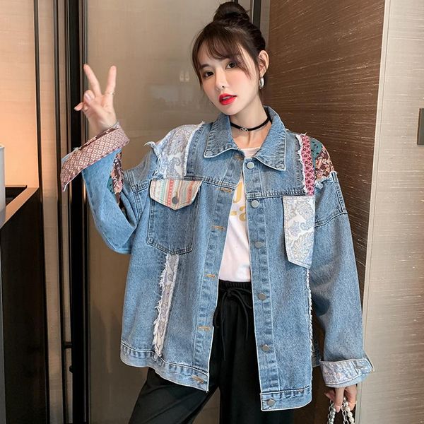

women's jackets autumn long sleeve jean jacket coat women vintage patchwork denim with pockets you1147, Black;brown