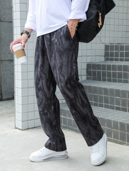 

men graphic print slant pocket pants o3ig#, Black