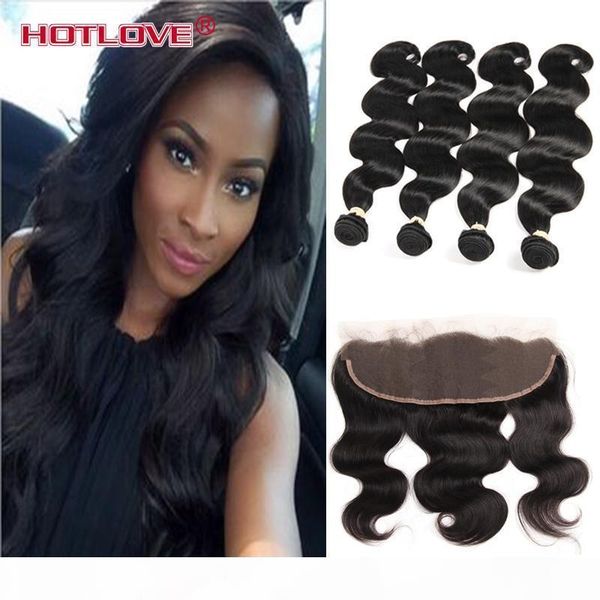 

mongolian virgin hair body wave 4 bundle hair with lace frontal closure with baby hair 8-28 inch 1b natural black, Black;brown