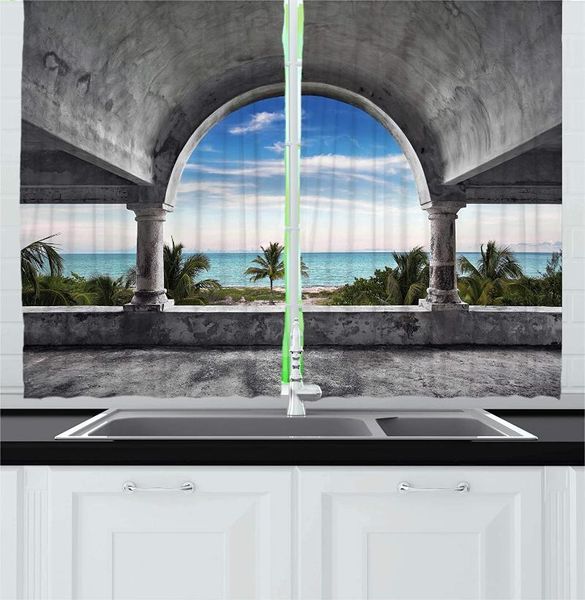 

curtain & drapes grey blue ocean kitchen curtains beach palm tree view from an abandoned mansion coastal charm peaceful image for cafe