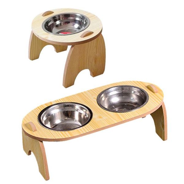

raised cat water bowl wood frame slanted pet feeding stainless steel dispenser tilt angle protect cat's spine dropship