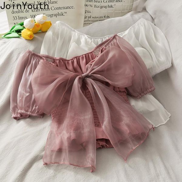 

women's blouses & shirts joinyouth women summer sweet chic puff sleeve gauze patchwork cute bow slim blusas slash neck pleated crop, White