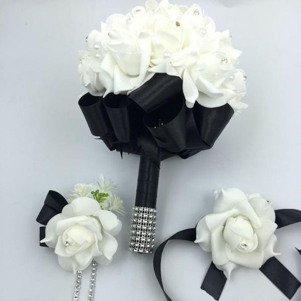 

3 pcs black bridal bridesmais rose flowers holder wedding bouquet boutonniere wrist corsage set home party bride accessories