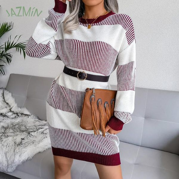 

casual dresses senior striped trendy dress mid-length autumn winter sweater knee-length loose knit vestidos de mujer, Black;gray