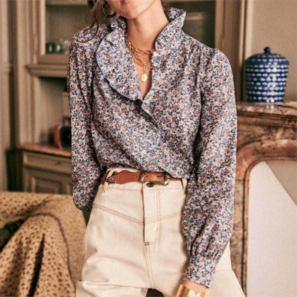 

women's blouses & shirts blouses retro floral print woman ruffles v neck chic elegant vintage blouse camisas mujer chemisier femme 2nh0, White