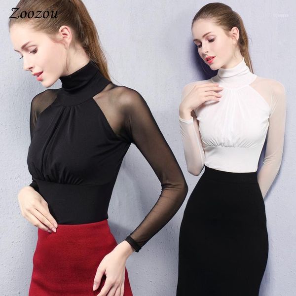 

net yarn patchwork blouses women turtleneck long sleeve tunic shirts female spring autumn elegant office lady pullover 1, White