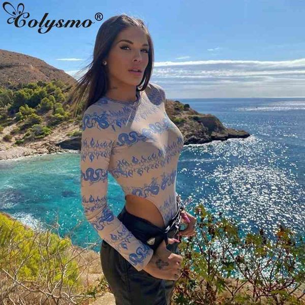 Colysmo Baskı Bodysuit Kadınlar Uzun Kollu Crewneck Seksi Romper Sıska Bodycon Tulum Moda Streetwear Club Kıyafetler 210527