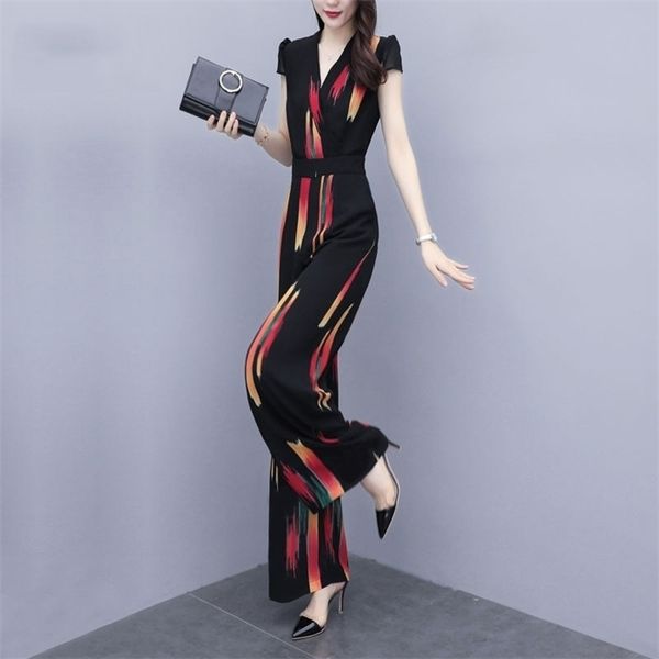 

womens slim jumpsuit summer fashion print chiffon black short sleeve high waist wide leg pants chic office lady coveralls, Black;white