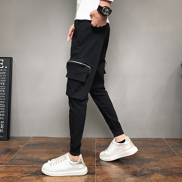 

personalidade 2021 new lado es bolsos decorao harem roupas masculinas simples streetwear hip hop preto corredores calas casuais 36-28 adb3, Black