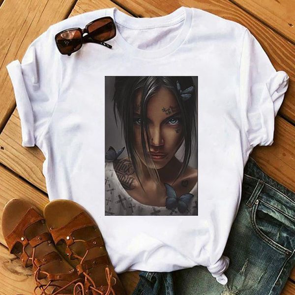 

new arrival women's cartoon print tshirts harajuku t shirt o-neck clothing black girl print casual short sleeve streetwear, White