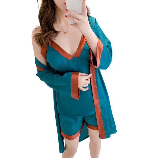 

women's sleepwear summer ice silk pajamas bathrobes suspender shorts japanese kimono three-piece suit stitching contrast color home wea, Black;red