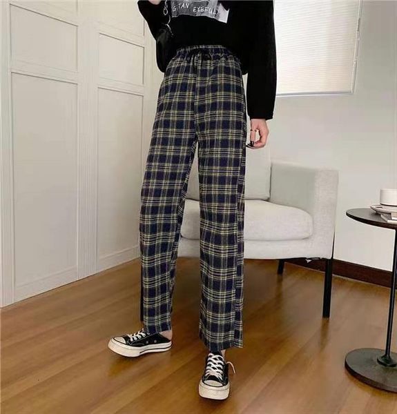 

casual elastic waist plaid straight women pant students simple chic office ladies are matched with the original, Black;white
