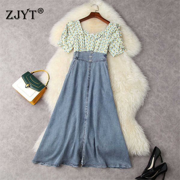 

fashion women's square collar print patchwork summer midi denim dress holiday robe aline casual vestidos female clothing 210601, Black;gray