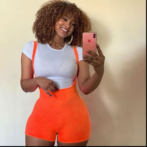 

overalls stretchy shorts woemn summer 2021 neon orange solid slim high waist slim party shorts, White;black