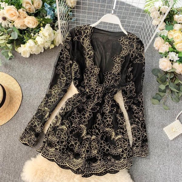 

women's jumpsuits & rompers 2021 hollow hook 3d flower lace v-neck long-sleeved waist-thin wide-legged playsuits women elegant overalls, Black;white