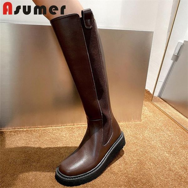 

boots asumer 2021 fashion flat platform women genuine leather shoes vintage square toe cool knee high woman, Black