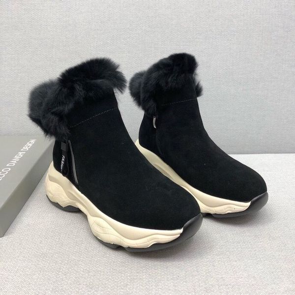 

luxury shoes winter thickened wool short suede casual sheep round headed snow boots warm and wear-ristant lightweight cotton sho, Black